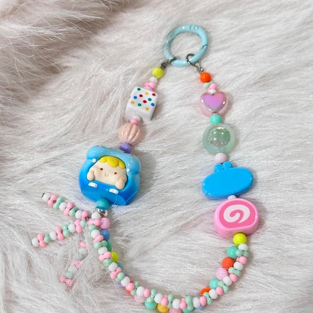 Kawaii Pastel Beaded Phone Charm Keychain Y2K Cute Character Dice